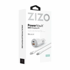 ZIZO PowerVault 30W Dual Port Car Charger Bundle + Lightning To USB-C Cable + USB-A Adapter - White