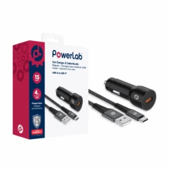 PowerLab 2in1 Bundle 15W USB-A Car Charger With 4ft USB-A To C Cable - Black