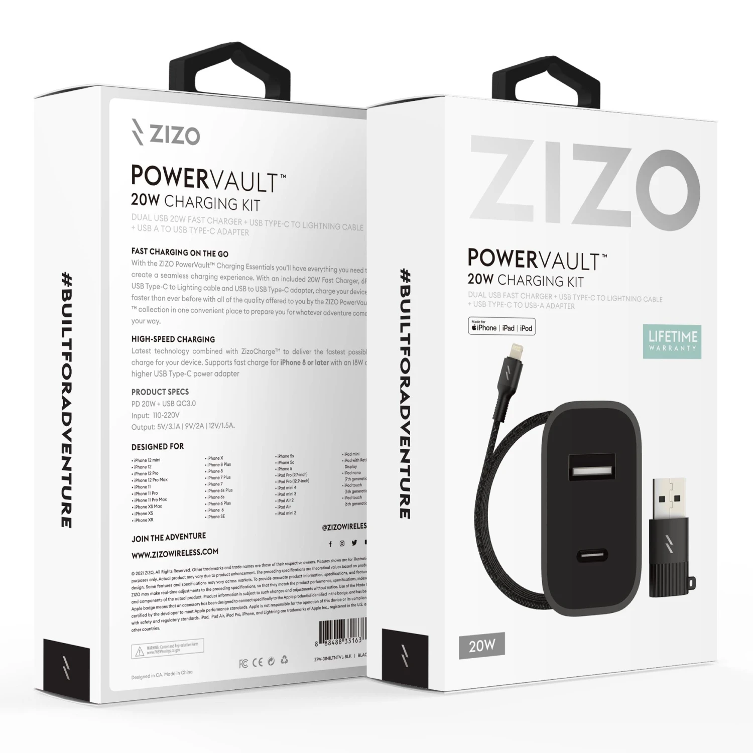 ZIZO PowerVault Bundle Travel Charger + Type C To Lightning Cable + USB To Type C Adapter - Black - Image 3